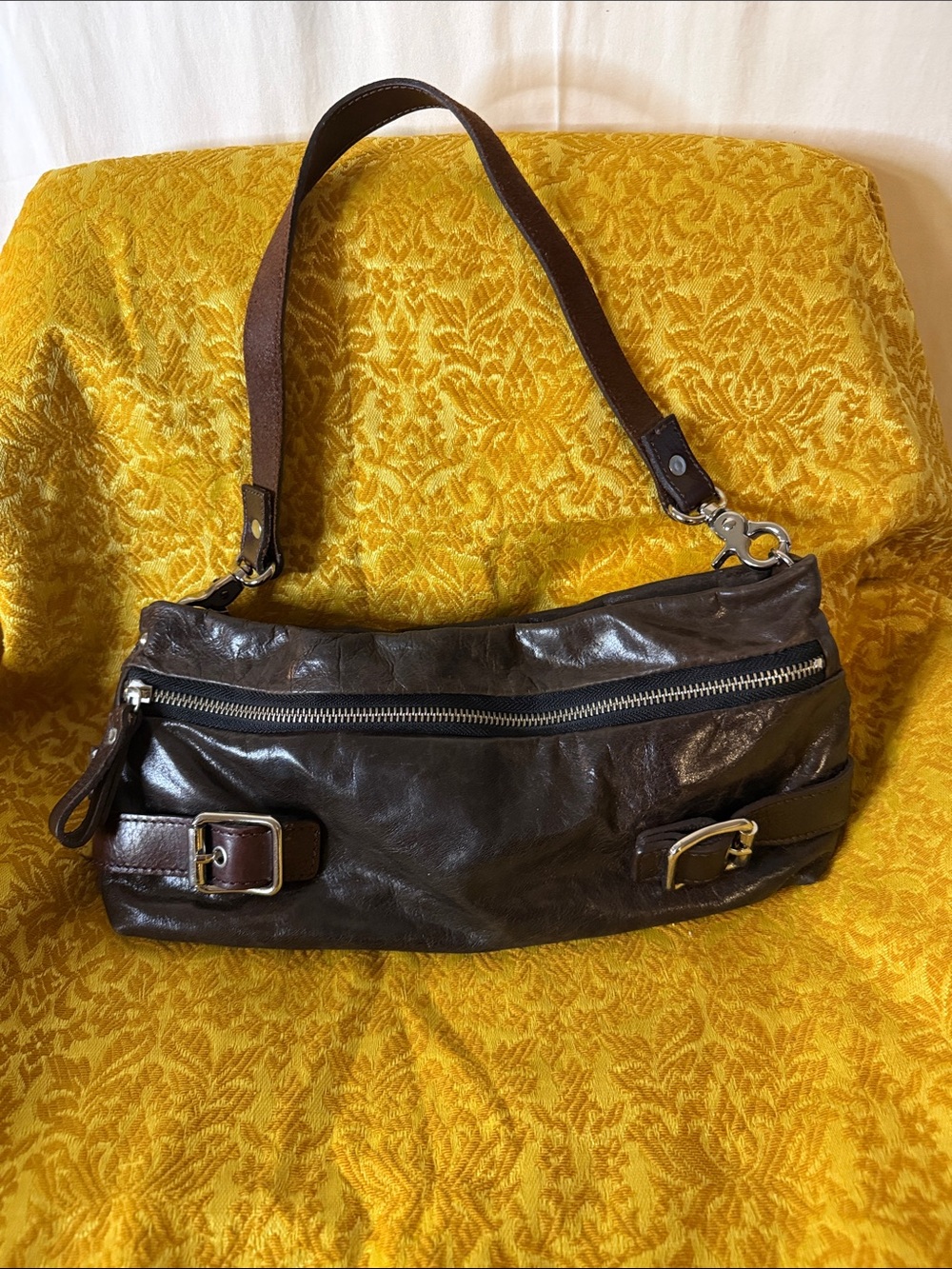 Tano Dark Brown Leather Shoulder Bag with Front Zip
